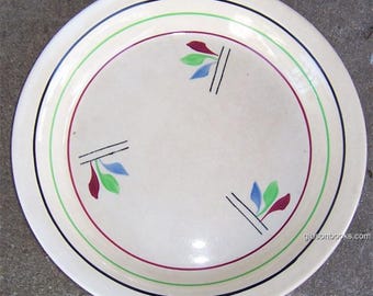 Royal Ovenproof Ceramic Pie Plate Red Blue Green Feathers and Red Green Black Rings Vintage Kitchenware Decorative Rustic
