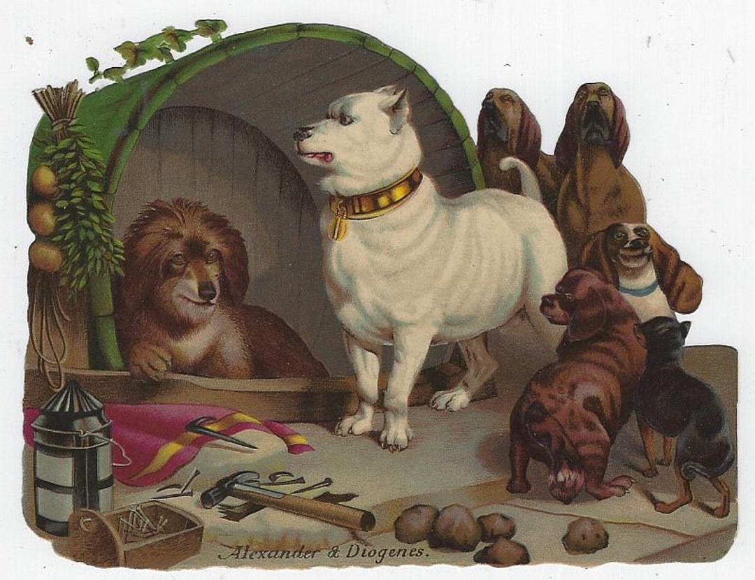 アンティーク絵画 1900年 イギリス 犬 カラー ランドシーアの「アレクサンダーとディオゲネスの犬」の絵画