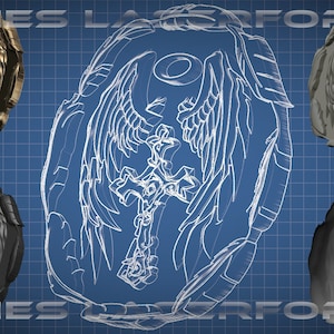 Może przedstawiać: Projekt techniczny naszyjnika z krzyżem i skrzydłami anioła, pokazany w różnych etapach realizacji. Naszyjnik jest otoczony czterema różnymi kolorowymi wersjami gotowego produktu.