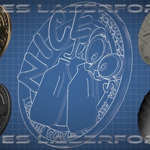 May include: A blueprint design for a round metal coin with the words "NICE JUICE" and a cartoon image of two milk cartons and a pair of headphones. The coin is surrounded by a ring of stars.