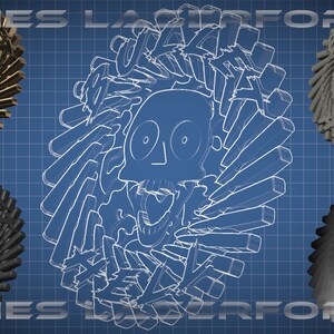 Könnte beinhalten: Eine Blaupause eines Schädels mit einem Kreis aus radial verlaufenden Linien. Der Schädel ist von dem Text "ARIES LASERFORGE" umgeben. In den Ecken des Bildes befinden sich fünf verschiedene farbige Versionen des Schädelmotivs.