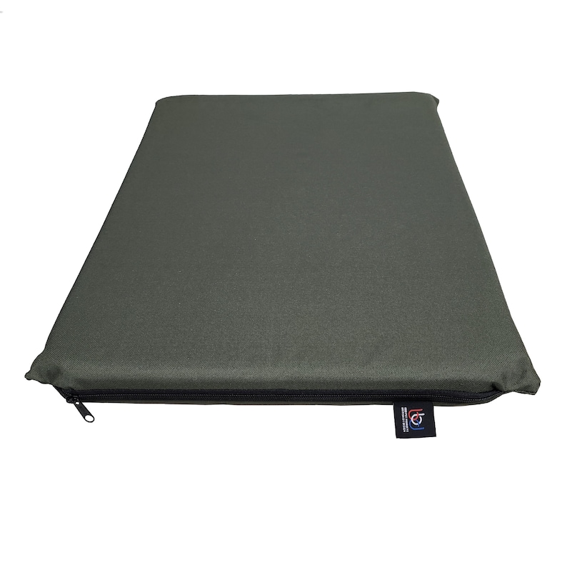 May include: A rectangular, olive-green cushion with a black zipper closure along one edge. A small, rectangular tag is attached to the cushion. The cushion is made of a smooth, solid-colored fabric.