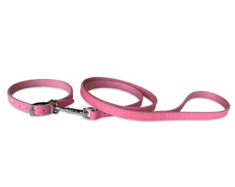 Handmade Leather Dog Collar and Leash Set - Baby Pink, 1/2" Wide