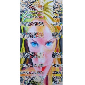 May include: Abstract painting of a woman's face with bright blue eyes. The face is partially obscured by colorful, abstract shapes and lines.