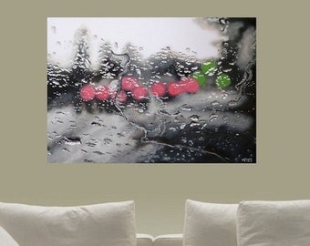 Acrylic painting 5 minutes left, city scene, stop lights, in the rain