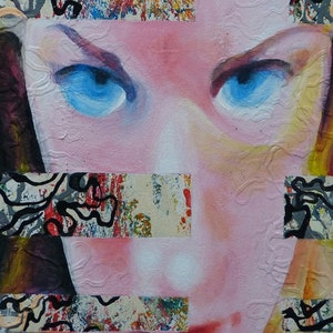 May include: A close-up of a painting of a person's face. The person has blue eyes and pink skin. The painting is made up of different colored squares and lines.