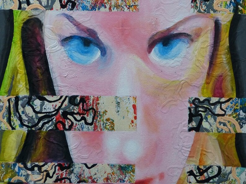May include: A close-up of a painting of a person's face. The person has blue eyes and pink skin. The painting is made up of different colored squares and lines.