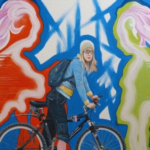 The Cyclist Acrylic Painting, Expressive Portrait of a Woman, Reflective and Calming Artwork, Emotional Wall Art