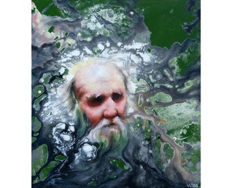 Forest Spirit - Hand-painted portrait of an old forest spirit with a green abstract background, oil on MDF board, unique artwork