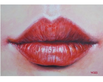 Original acrylic painting, stylish lip art, contemporary wall decor, vibrant lip design, romantic bedroom decoration