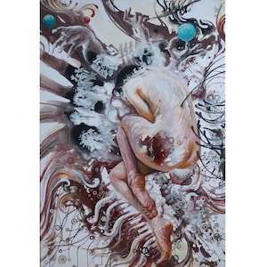Hematoma acrylic painting, emotional artwork of woman in fetal position, expressive wall art for decoration, emotional piece