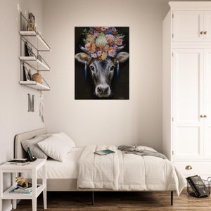 Original Kuhkopf-Blumen-Poster – Kuh-Druck, Wandkunst, Geschenk für Landwirt, Krönungsposter – süßes Kuh-Poster für Büro-Wanddekoration