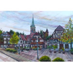 May include: A painting of a quaint European town square with a church steeple in the background. The buildings are a mix of brick and timber frame, with colorful accents. There are trees and greenery throughout the scene, and the sky is a soft blue with wispy clouds.