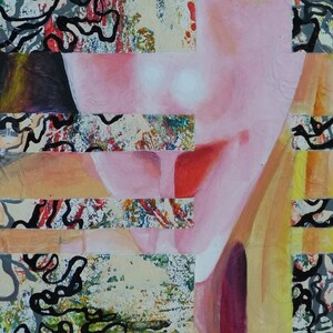 May include: Abstract painting with a pink and yellow background. The painting is made up of several layers of paint, creating a textured effect. The painting is divided into sections by black lines, and there are black and white swirls throughout the painting.