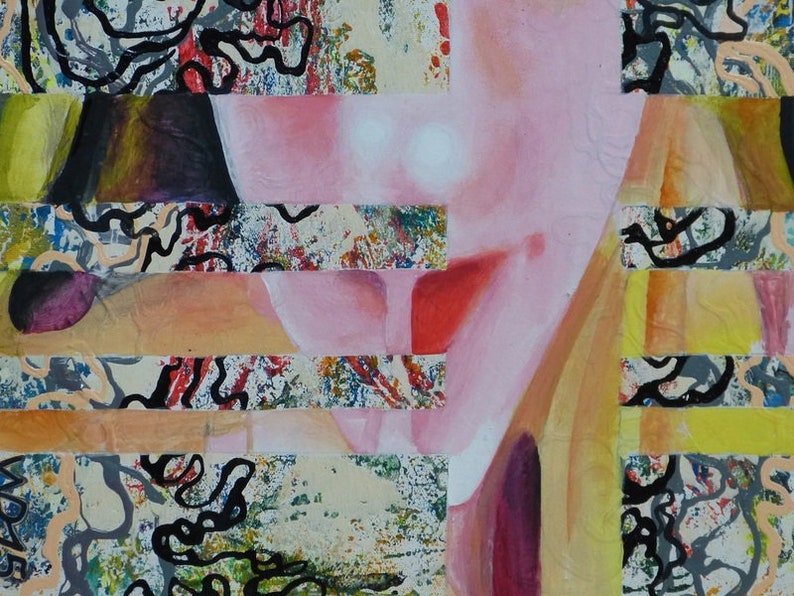 May include: Abstract painting with a pink and yellow background. The painting is made up of several layers of paint, creating a textured effect. The painting is divided into sections by black lines, and there are black and white swirls throughout the painting.