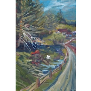 Original oil painting of a reservoir, forest home decor paintings, tranquil landscape living room art, scenic nature wall art, For villagers