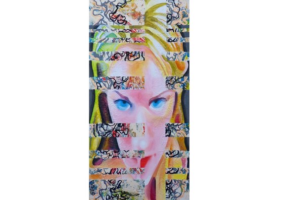 Mürrische Frau Acrylgemälde, emotionale Wandkunst für das Wohnzimmer, lebendige handgemalte Original-Wanddekoration, lustig und schrullig