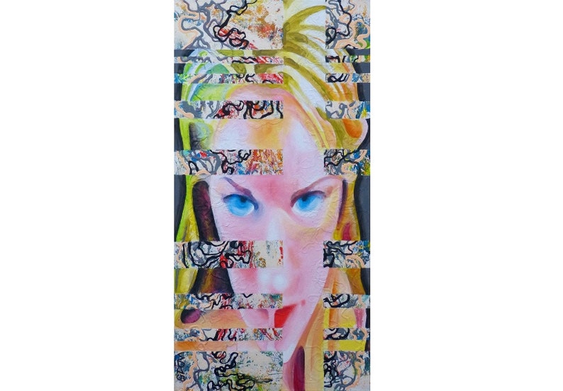 May include: Abstract painting of a woman's face with bright blue eyes. The face is partially obscured by colorful, abstract shapes and lines.