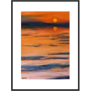 日没 30 分、魔法のような夕日、水面の反射、オレンジ色の絵画、写実的な絵画、フレーム用の海の風景