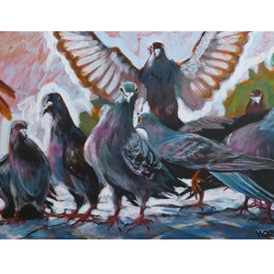 Gang - Hand-painted artwork with pigeons, acrylic painting depicting the intelligence and charm of city birds, despite their quirks