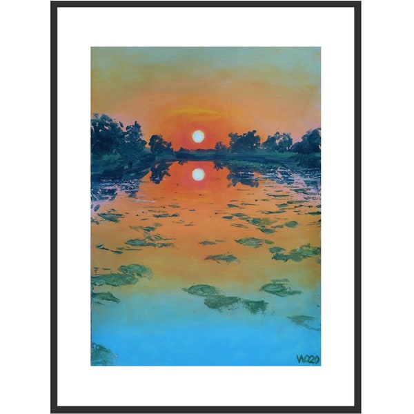 Sunset 6, Sonnenuntergang Bild, Spiegelung im Wasser, Realistische malerei, Seelandschaft, für kleine Bilderrahmen, zeitlose Design