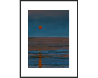 Sunset 19, Rote Sonne, Sonnenspiegelung Design, Wandkunst, hochformat, blauorange, Realistische malerei, Seelandschaft, kleinen Bilderrahmen