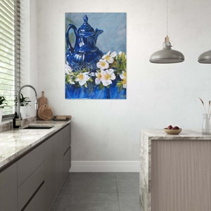 Blaues Krug mit Blumen-Poster-Wandkunst – Sonnenblume, Retro, Küchendekoration – druckbare Aquarellblumen – Einweihungsgeschenk für Freundin