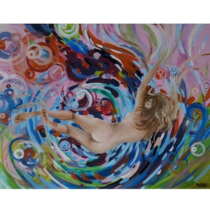 Colorful Dreams 4 - Hand-painted painting of a naked woman swimming underwater, colorful lines and circles and scattered hair
