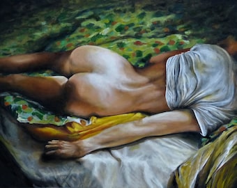 Good Morning - A depiction of a woman lying on her stomach in bed, An oil painting depicting a part of adult life