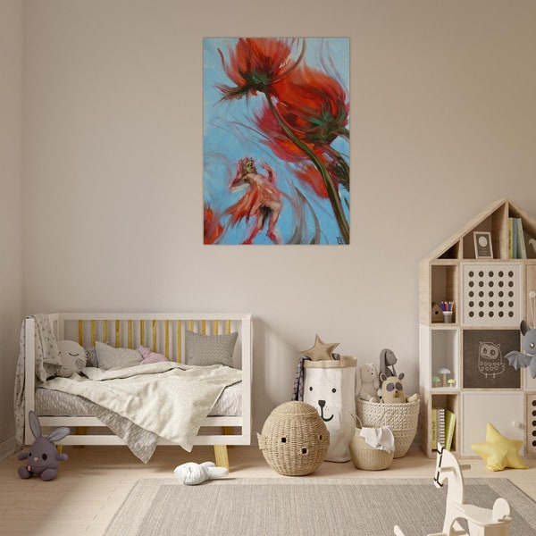 Rotes Blumen- Fee Mädchen-Poster – druckbare Wandkunst für Gästezimmer-Dekor – Mohnblumen-Blumendruck für Wohnzimmer-Wandkunst – Blumenwand