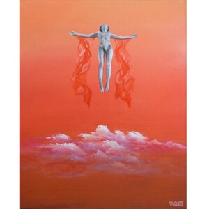 May include: A painting of a person with outstretched arms, wearing a flowing red garment, floating in a bright orange sky with pink clouds below.