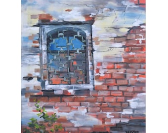 Window oil painting, realistic and atmospheric wall art, handmade artwork for interior decoration, window brick decoration