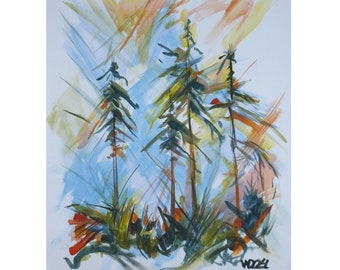 May include: A watercolor painting of three tall, dark green trees against a light blue background with orange and yellow brushstrokes. The trees are in a forest setting with green foliage at the base.