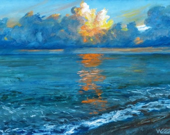 Original oil painting - Two towers, warm tropical evening, portrait format picture, blue orange, realistic painting, seascape, small picture frame