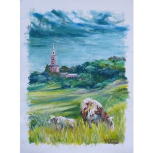 Original oil painting, tranquil view of cow pasture, rustic landscape pastoral wall decor farm inspired home decor
