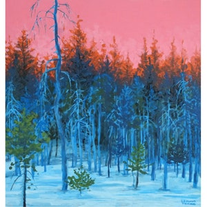 Sky Purple – Hand-painted boreal forest scene with snow-covered clearing, blue forest and purple sky, fascinating color contrasts.