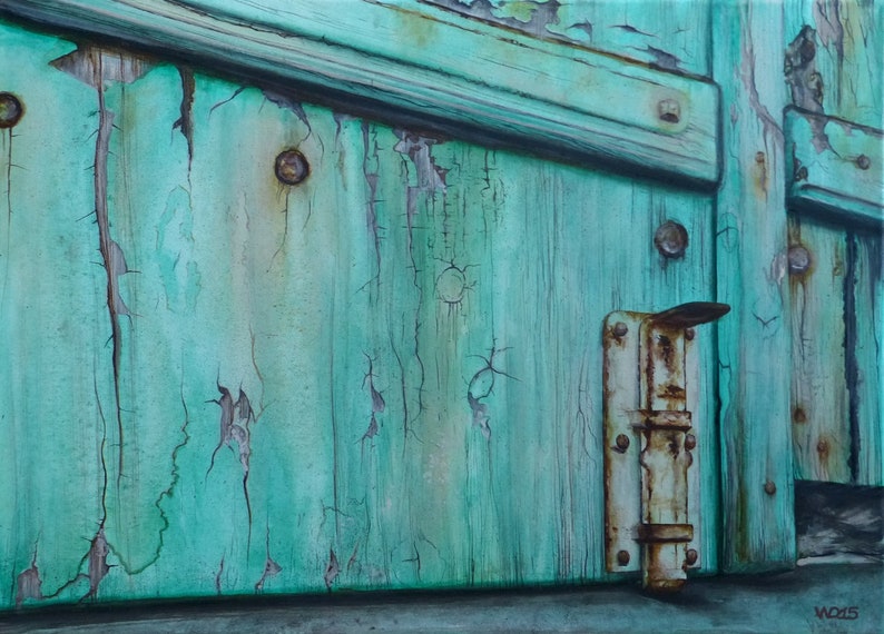May include: A close-up of a weathered wooden door with peeling turquoise paint. A rusty metal latch is attached to the door.