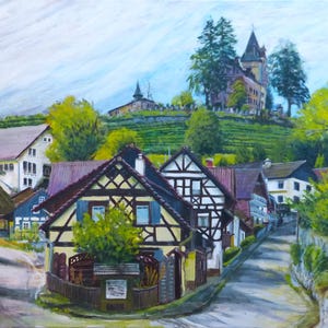 May include: A painting of a small village nestled in a valley, with a church on a hill in the background. The houses are painted in shades of white, brown, and red, with green trees and foliage surrounding them. The painting is done in a realistic style, with a focus on detail.