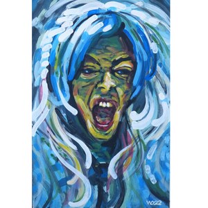 May include: A painting of a person with blue and white hair, green skin, and a wide open mouth. The person is painted in a stylized, expressive manner.