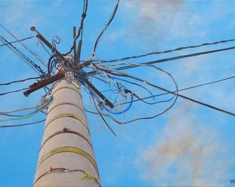 Photorealistic IT system center acrylic painting, depicting building parts and blue sky, architectural art with technology