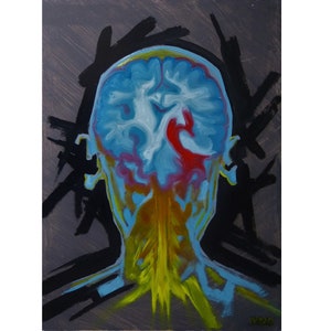 Peut inclure: Une peinture représentant une tête humaine avec un cerveau visible. Le cerveau est peint dans des tons de bleu, rouge et jaune. L'arrière-plan est gris foncé avec des coups de pinceau noirs.