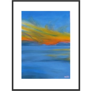 Tramonto 27, pittura a olio realistica, disegno del tramonto, formato ritratto di arte murale, paesaggio marino blu arancione, per la mia cornice