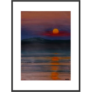 Sunset 31, The sun sinks into the red cloud, Sun reflection design, portrait wall art, Realistic painting, Evening sea landscape