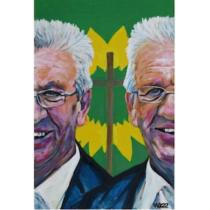 Winfried Kretschmann: A divided portrait with a symbolic background - Oil/acrylic artwork - Minister-President of Baden-Württemberg