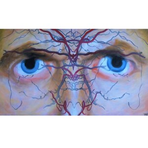 Müde Augen des Künstlers: Ein introspektives Selbstporträt Ölmalerei mit gespiegelten Ästen und abstrakter Linienführung