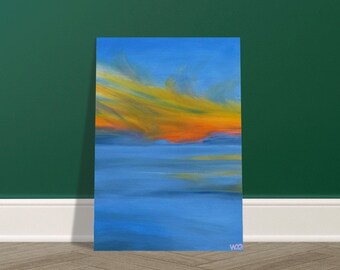 Blauer Sonnenuntergang, druckbares Poster für Wandkunst – moderne Strand-Malerei,  Öl-Poster für trendige Dekoration – Geschenke für Paare