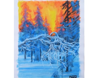 May include: A painting of a winter forest scene with a bright orange sunset in the background. The trees are painted in shades of blue and white, and the ground is covered in snow. The painting is signed "Woz23" in the bottom right corner.