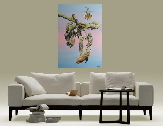 オリジナルのハチドリのアクリル絵画、リビングルーム用のカラフルな