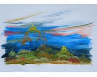 May include: A painting of a landscape with a blue sky and a few trees in the foreground. The trees are a mix of green, yellow, and orange. The sky is painted with a light blue, pink, and yellow.