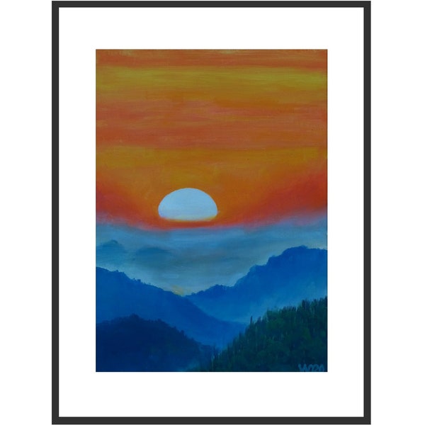 Sunset 18, Über den Wolken,  hochformat, Realistische malerei, für kleinen Bilderrahmen, Gewaltiger Sonne Zum Anfassen , über dem Horizont,